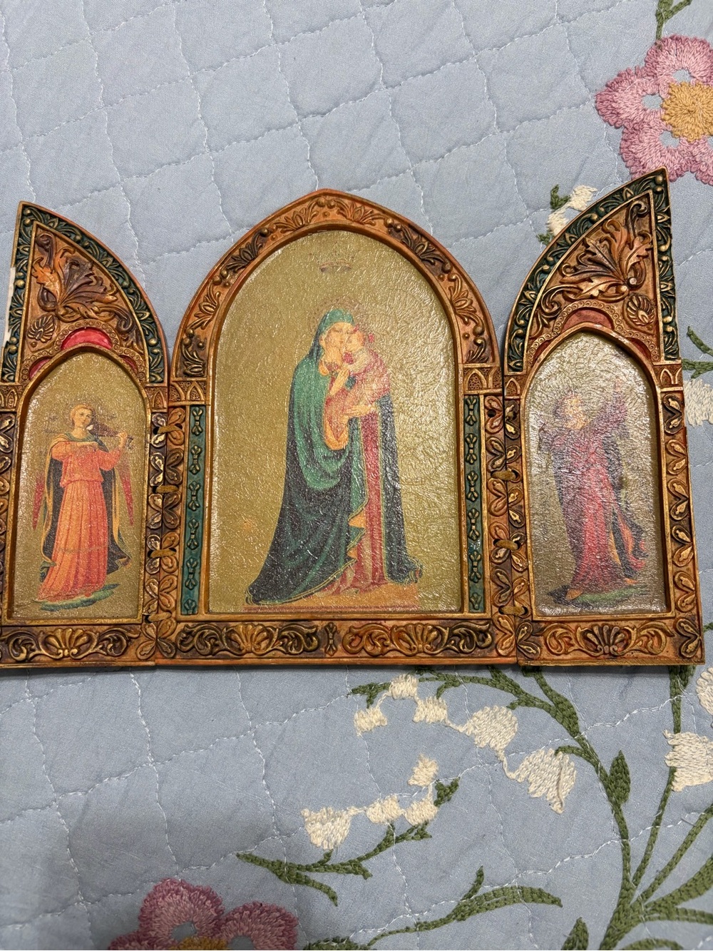 The Mother & Child with Angels Italian Triptych gilded trifold vintage plaque